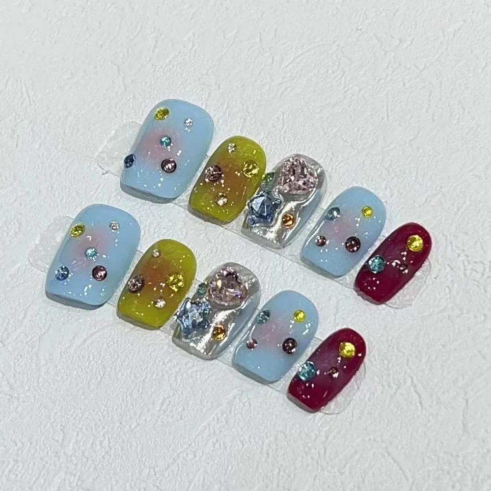 Summer Sweetheart Handmade Full Cover False Nails Kawaii Cartoon Cat Flower Cat Eye Short Square Reusable Fake Nail Stickers