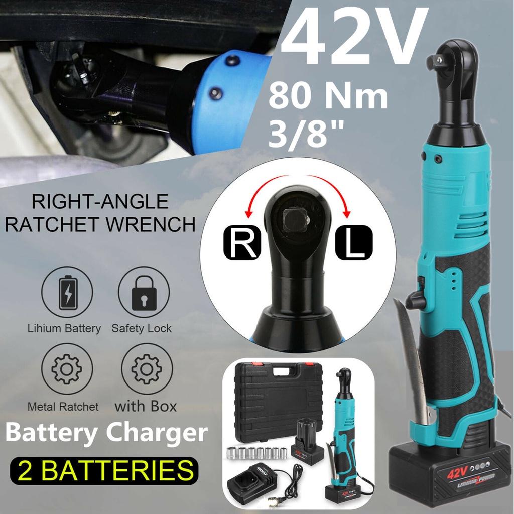 42V 3/8"" 110-240V 80N.m Power Tool Electric Ratchet Wrench with 2 Lithium-Ion Battery Charger Kit Rechargeable Cordless Electric Wrench