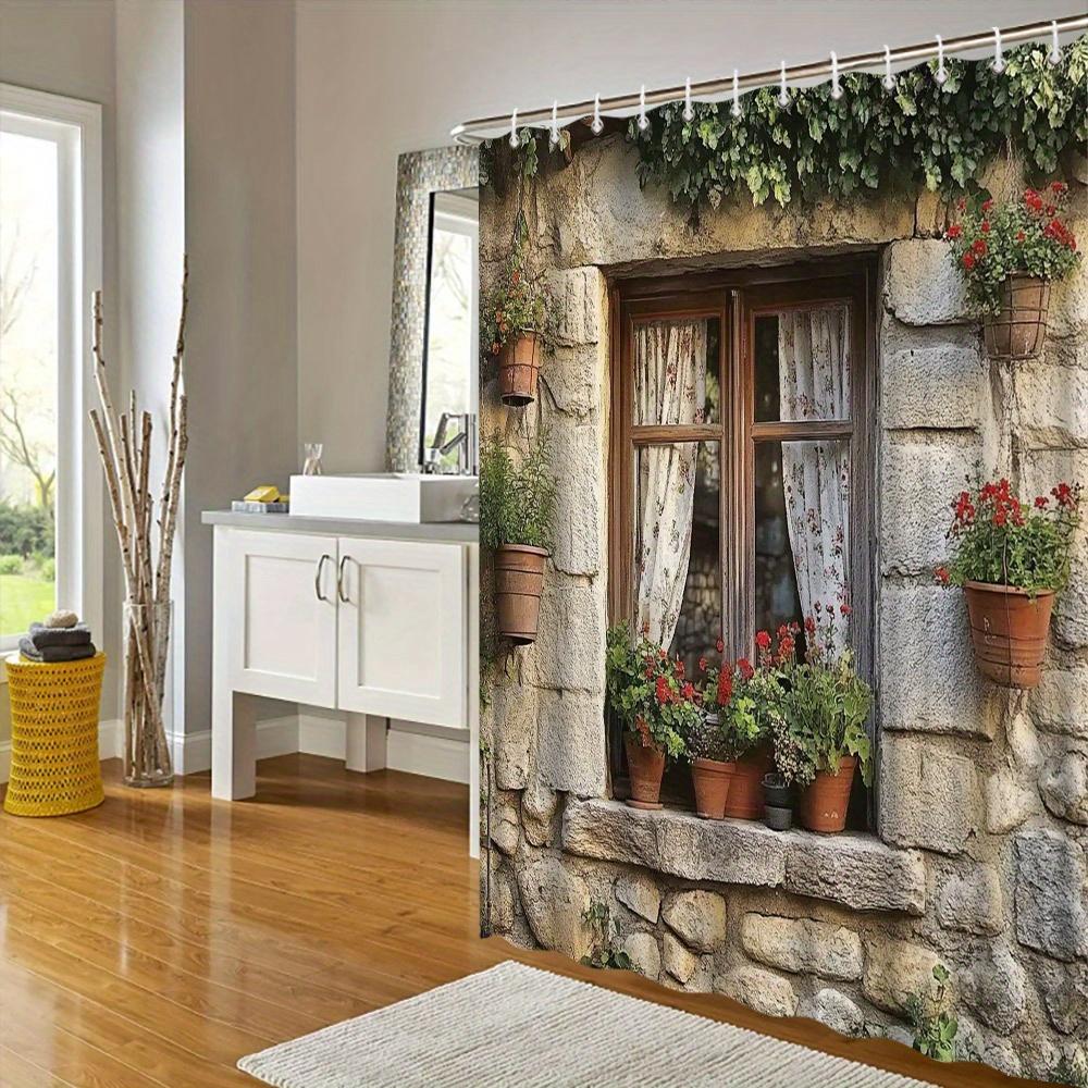 Rustic Window Shower Curtain - Dark Wood Frame & White Floral Design, Polyester, 12 Hooks, Natural Style Bathroom Decor