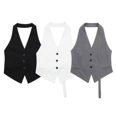 Damen Weste Neckholder Ärmellos Einreihig Reine Farbe Taschen Strickjacke OL Pendler Stil Formal Business