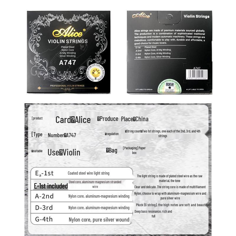 Alice Professional Exam Violin Strings A747: Nylon Strings with G String Pure Silver Wound & Extra E1 String