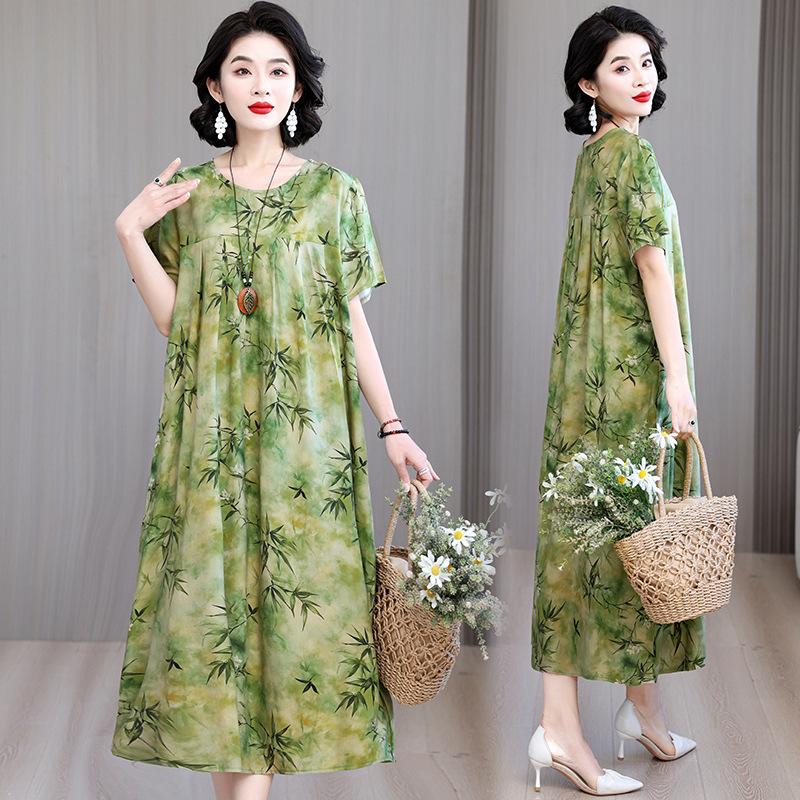 Cotton Silk Dress Women's Summer Large Size Temperament Loose Printing Casual Cotton and Linen Long Skirt