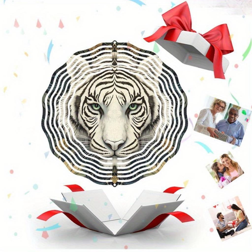 Mandala Lasergeschnittener Windspinner Outdoor Gartendekor Weißes Tiger Muster 2D Dynamisches Metall Windspiel Hängend Rotierend Klassischer Stil mit