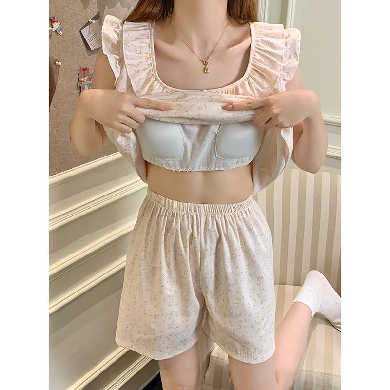 Summer Floral Lace Pajamas for Women with Flutter Sleeves - Lazy Style, Ideal for Students' Dorms, Lightweight Home Wear Set