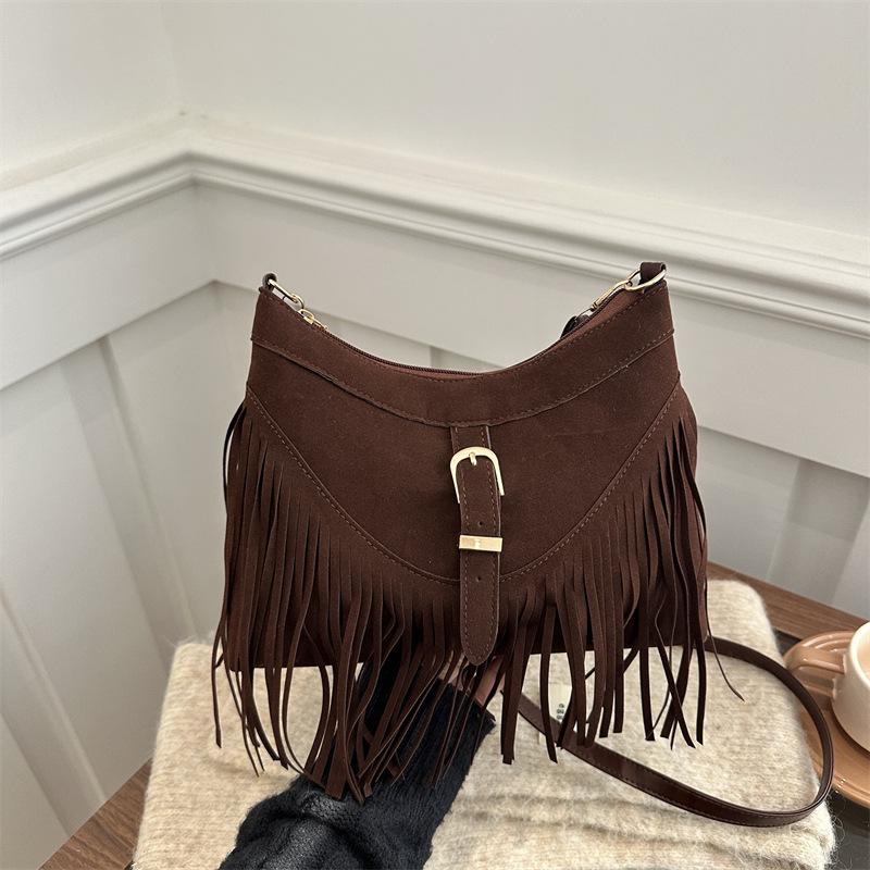 Vintage Western Suede Fringe Tote Bag with Adjustable Strap Buckle Accent Casual Crossbody Purse for Women ,Travel Shoulder Bag