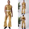 Heren Retro 70s Disco Outfit Metaalachtig Glanzend Mouwloos Jumpsuit met Reverskraag en Wijde Pijpen voor Podiumoptreden