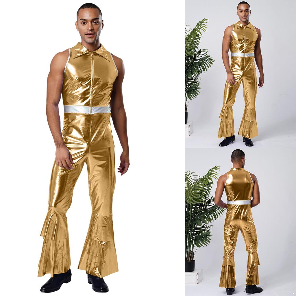 Heren Retro 70s Disco Outfit Metaalachtig Glanzend Mouwloos Jumpsuit met Reverskraag en Wijde Pijpen voor Podiumoptreden