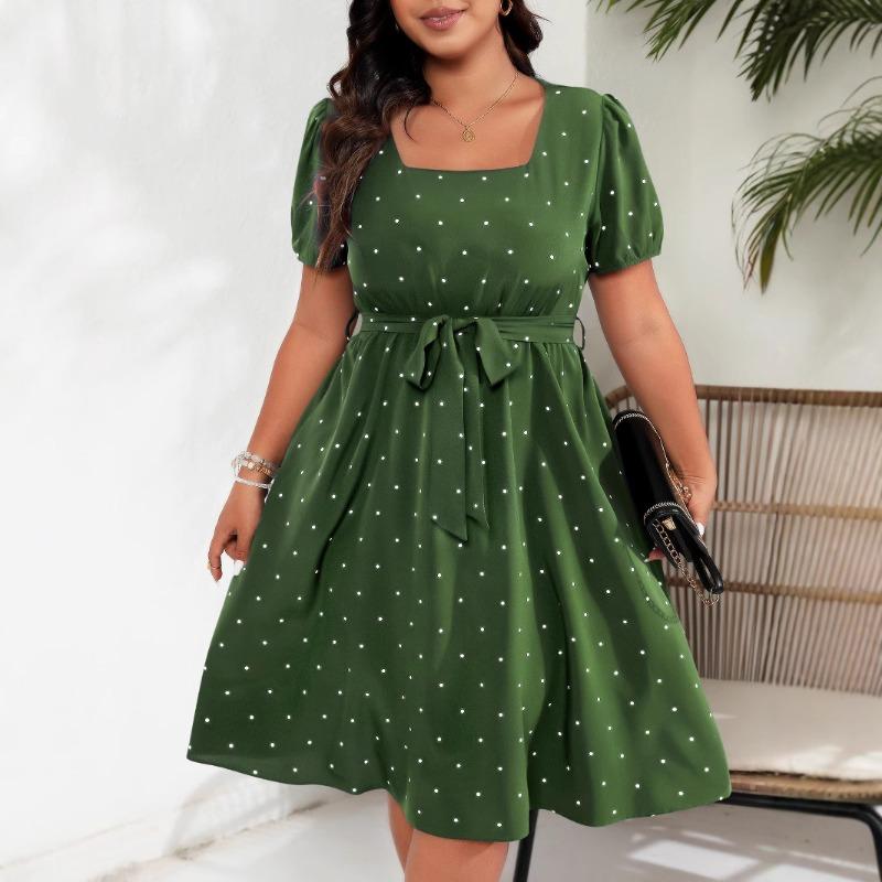 Plus Size Women's Elegant Vintage Polka Dot Waist Tie Square Neck Hem Dresses