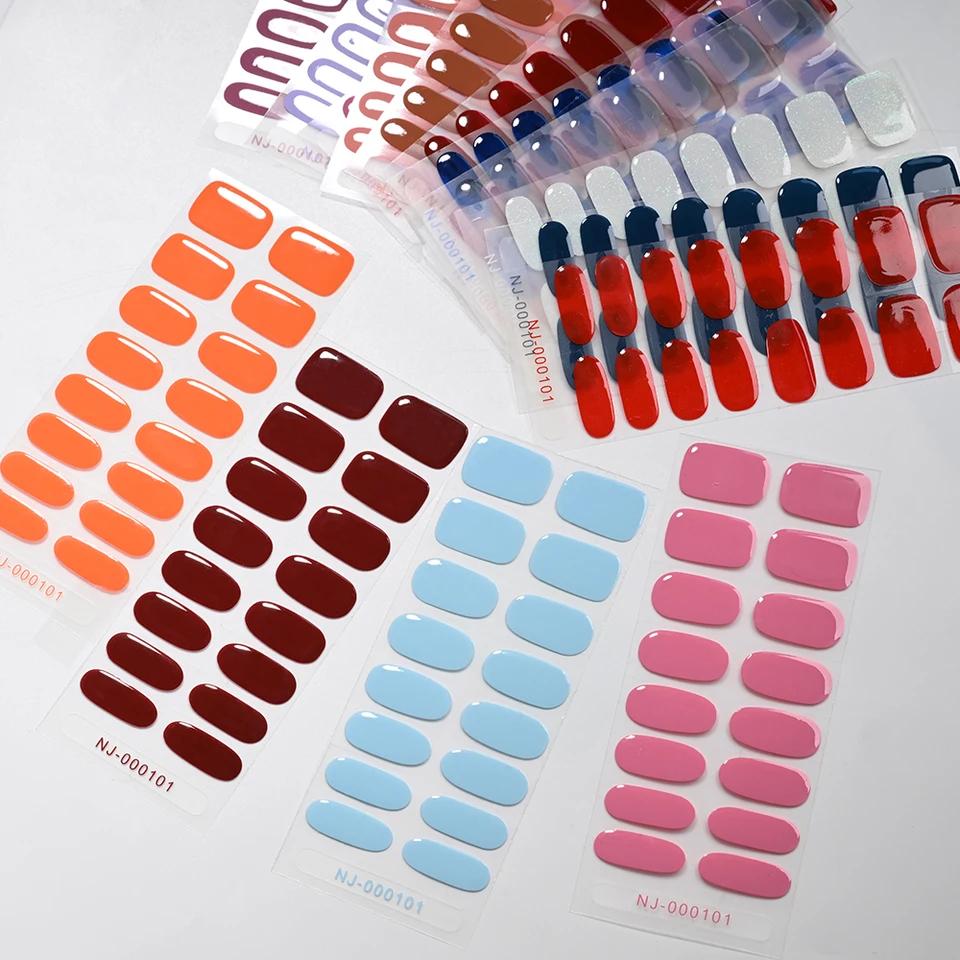 16Tips Semi-Cured Gel Nail Sticker Pure Color UV/LED Lamp Gel Nail Polish Wraps Long-Lasting Nail Strips Patch Nail Decoration