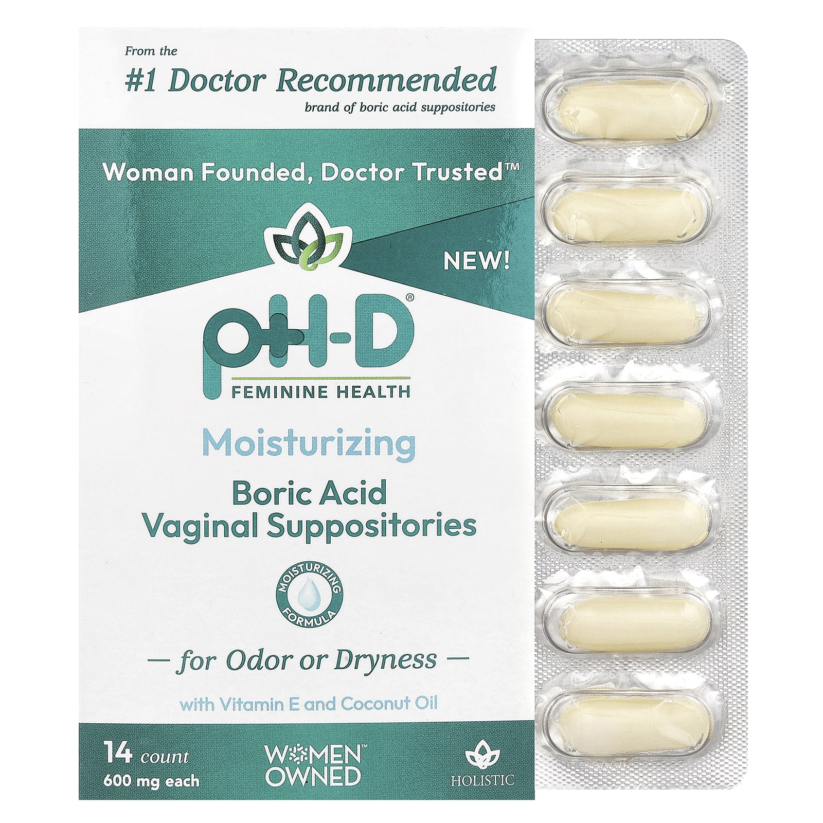 

Ph-D Feminine Health, Boric Acid, Vaginal Suppositories, 600Mg, 14 Count