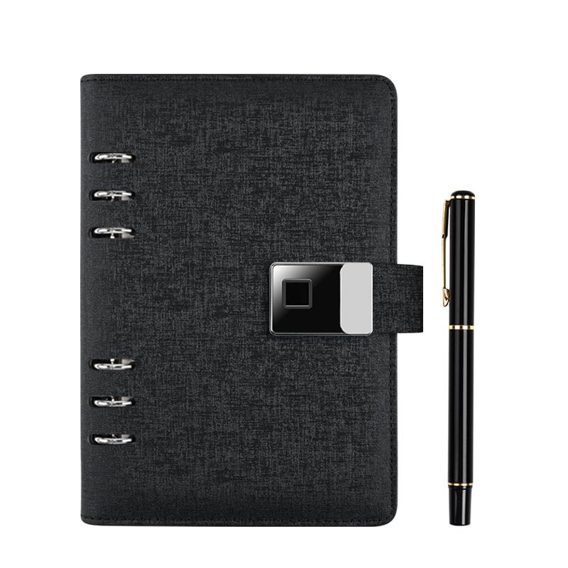 Factory Direct Sale Fingerprint Lock Notepad Loose-leaf Notepad Calculator with Card Slot Notepadleather Notebook Box and Pen