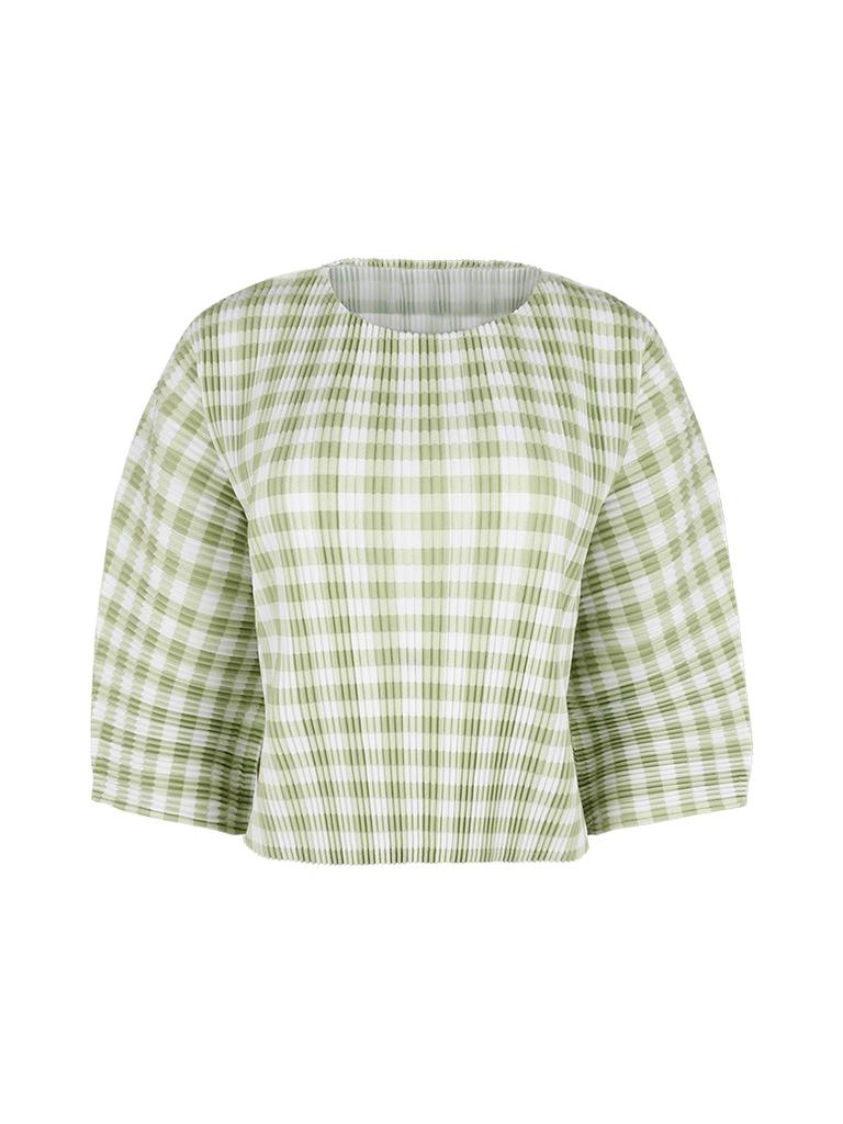 Waiowai Gingham Check Pleated Round Blouse_Green