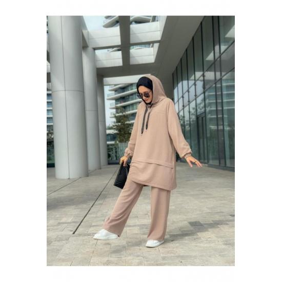 Women's Hooded Zippered Sleeves Elastic Wide Leg Pants Suit