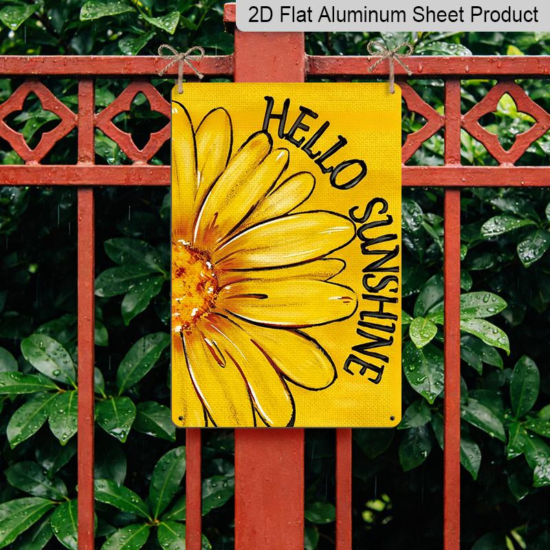 2D Flat, 1pc "Hello Sunshine" Yellow Daisy Metal Wall Art Sign - 8*12 Inch Aluminium Floral Decor, Sunny Summer Style Plaque, Perfect for Porch