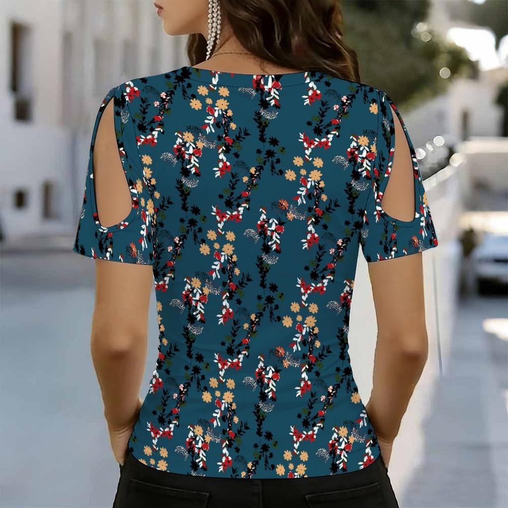 Women V Neck Cold Shoulder Blouse Dark Brown Dense Leopard Print Short Sleeve Top