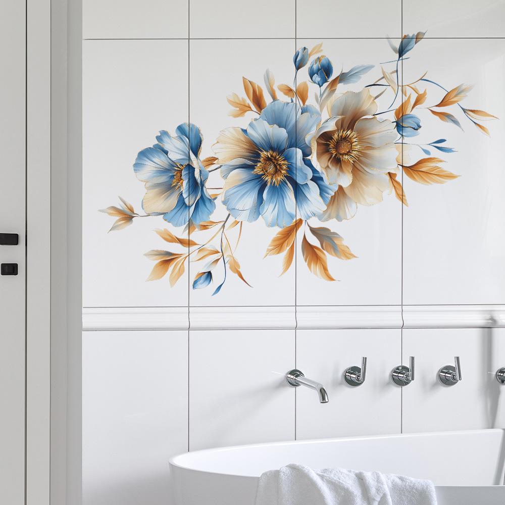 Painted Blue Flower Bathroom Bathroom Bathtub Home Beautification Wall Sticker