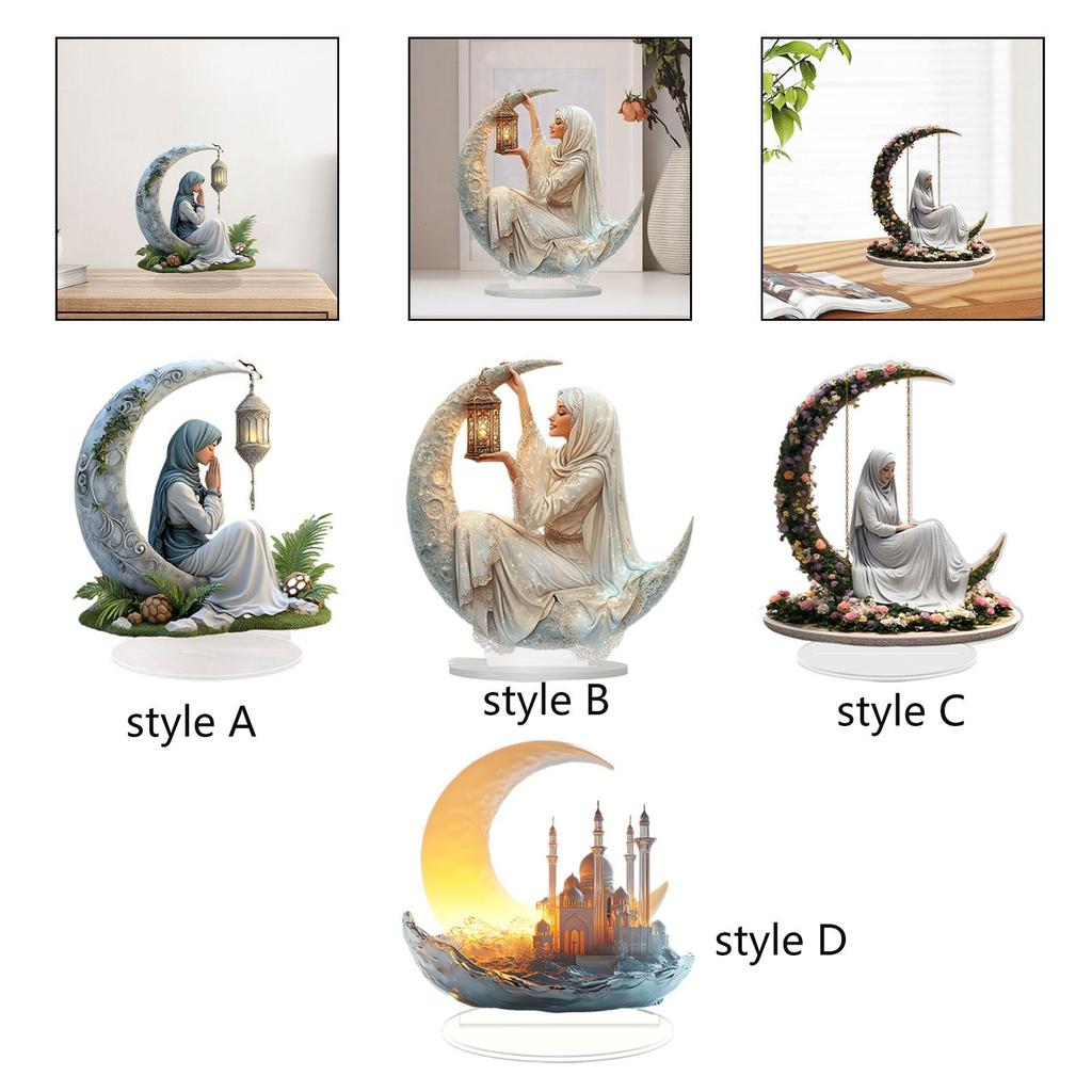 2D Flat Acrylic Moon Desk Ornament Acrylic Novelty with Base Display Artwork for Cafe Gift Spring Festival Drawing Room Dorm