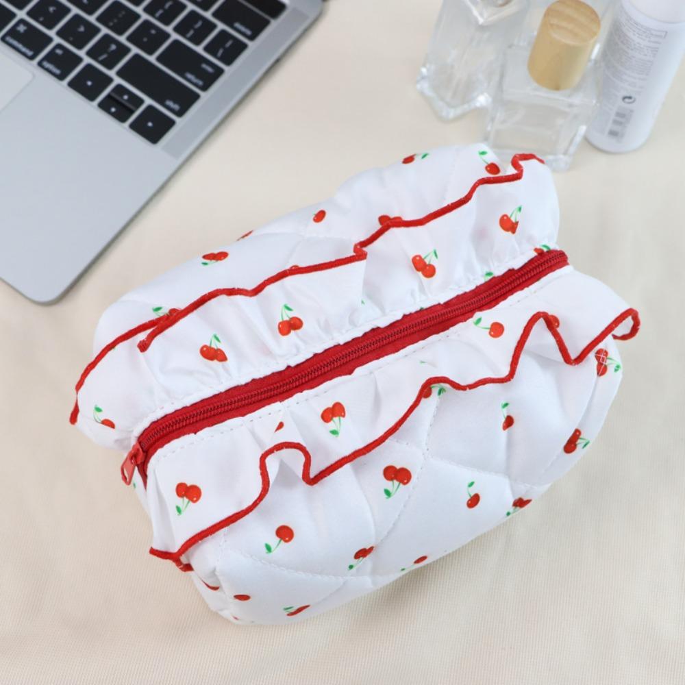 Large Capacity Ruffle Makeup Bag Cherry Printed Wash Storage Bag Sweet Toiletry Organizer Skincare