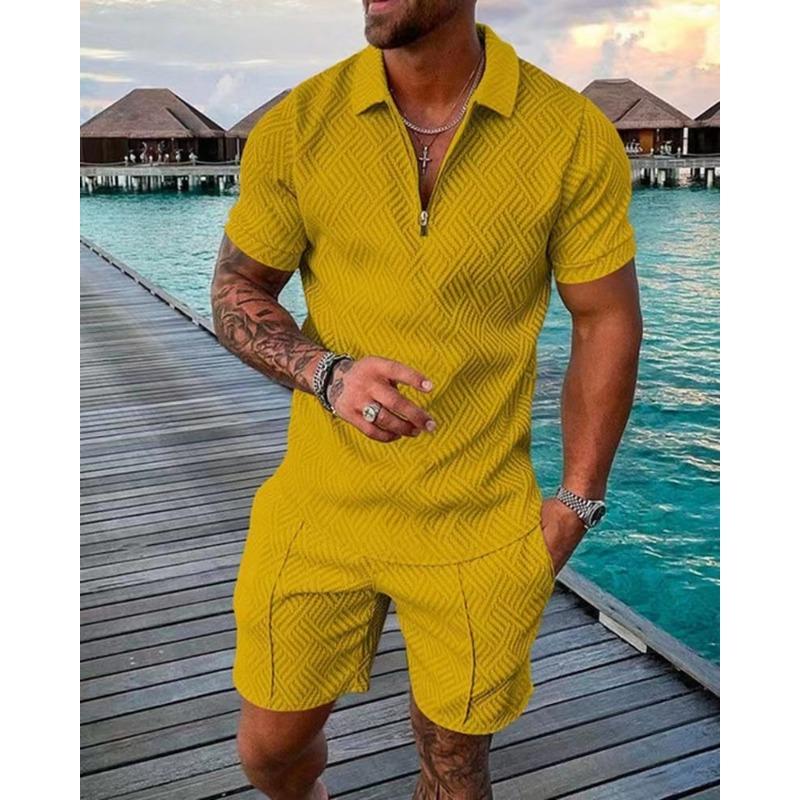 Mens Casual Solid Color Textured Half Zip Polo Shirt And Shorts Two Piece Set