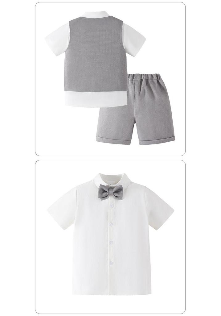 Boys' British Style Summer Formal Three-Piece Set: Short-Sleeve Vest, Shorts, and Bow Tie