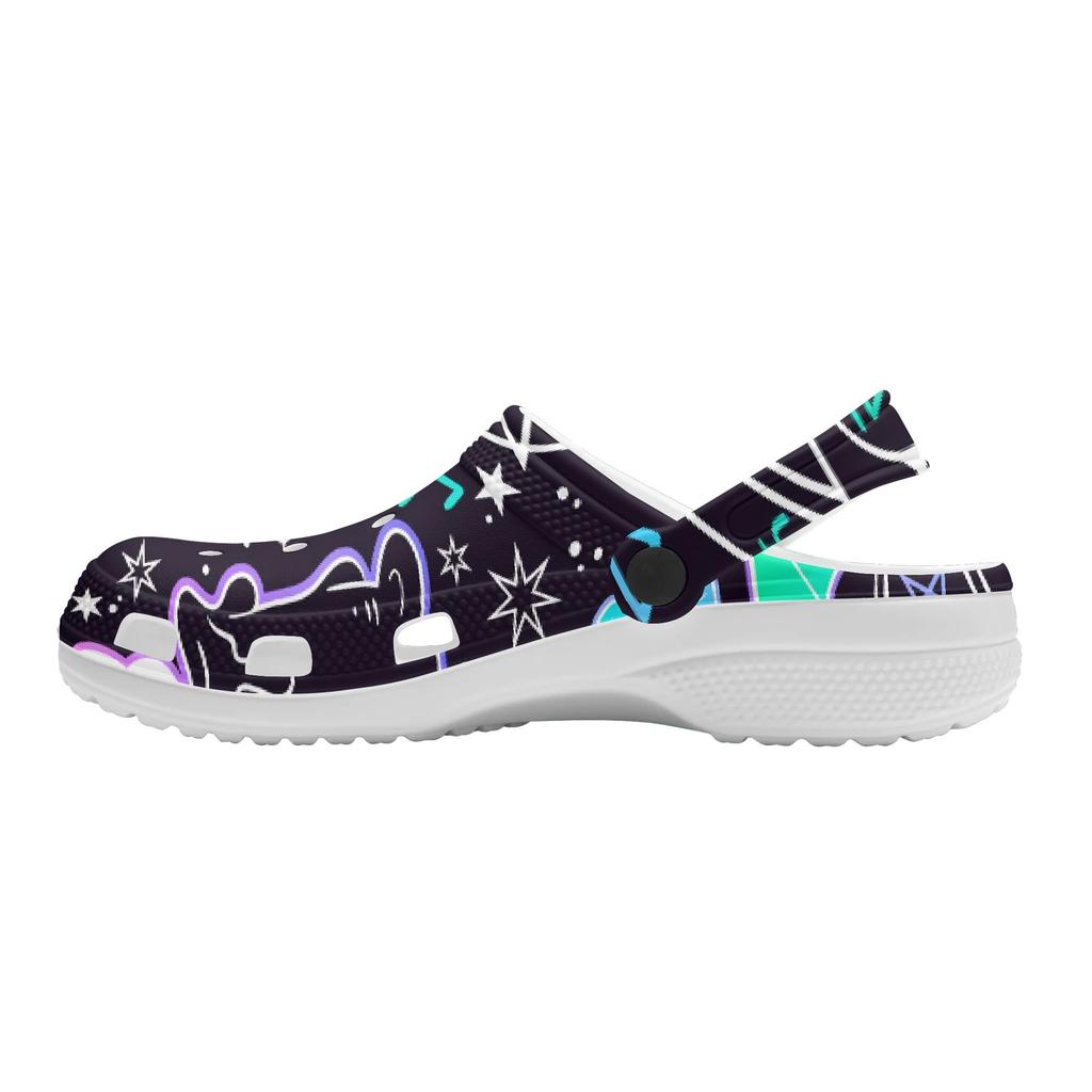 White EVA Clogs with Colorful Eye Print, Lightweight Slip On Garden Shoes, Breathable Beach Sandals, Indoor Outdoor Slippers for Men Women