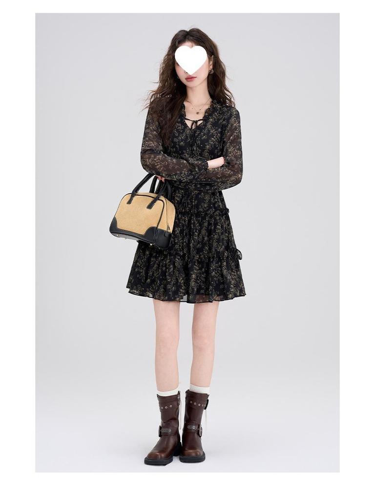 Chic Retro Floral Chiffon Dress: Petite Waist-Cinched Slim Black Style for Autumn & Winter