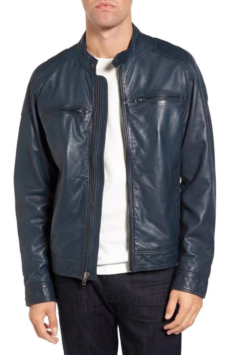 

Мужская куртка из синей кожи Оригинальная овчина Ручная работа Стильная Байкерская Повседневная Мотоциклетная 3XL синий