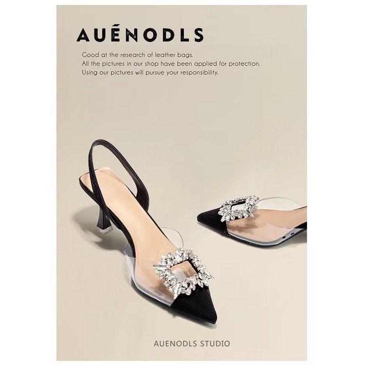 2025 Fashion Rhinestone Buckle Transparent Strap Pointed Toe High Heel Sandals for Women