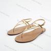Fashion 2025 Narrow Band Gold Leather Flat Sandals Women 35-43 Big Size Summer Sandalias Mujer T-strap Flat Roman Sandales Femmes Été