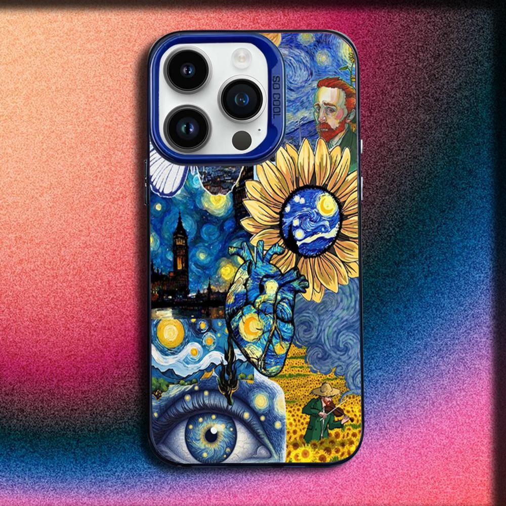 V-Van Gogh Starry Night Sunflower Cat Phone Case For iPhone 16,15,14,13,12,11,Mini,Pro,E,MAX Blue Matte Silicone Cover