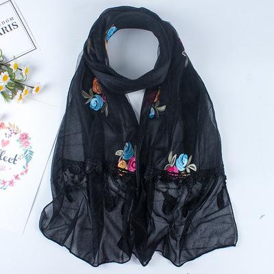Double Layer Transparent Yarn Long Scarves Head Scarf Flower Embroidery Lace Tassel Hijab Scarf Bufanda Spring Autumn Elegant
