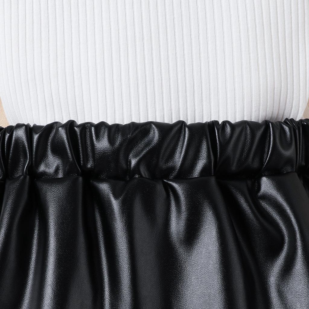 Autumn Girls' Two-color Mesh Embroidered Long Sleeved Top, PU Leather Skirt, Children's Set