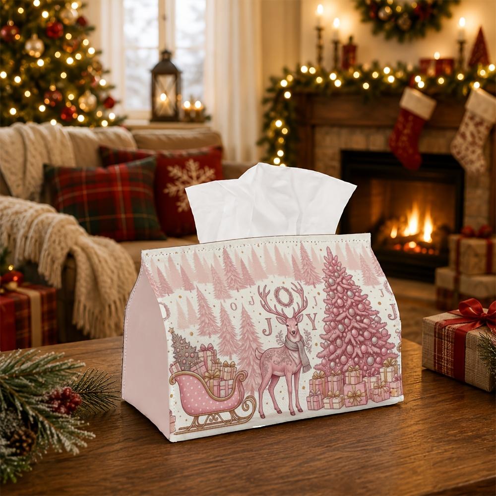 1pc Whimsical Winter Woodland Tissue Box - Reindeer Sleigh Pine Tree Napkin Storage Box, Suitable for Rolls/Facial Tissues/Single Sheets, Available Fo
