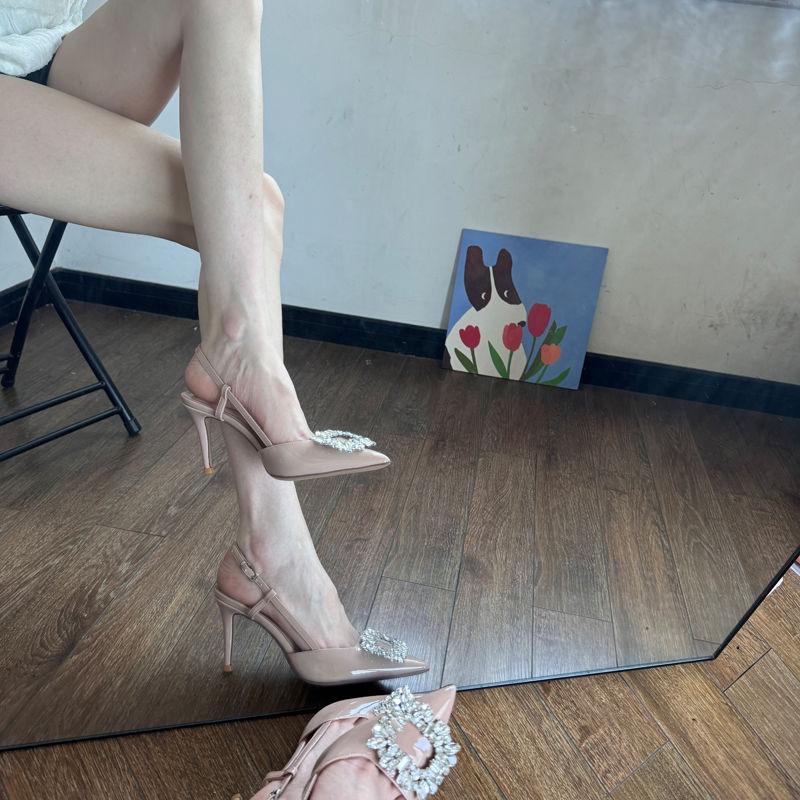 2025 Summer New Pointed Toe Nude Square Buckle Rhinestone High Heels Women's Thin Heels Light Mouth Versatile Sandals Bag Head Single Shoes