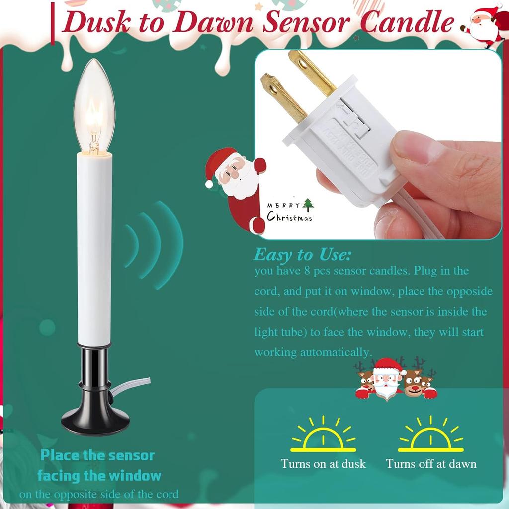 8 Pieces Electric Window Candle with Pewter Plated Base Window Candle Light Sensor Turns with Automatic On/Off for Home Christmas Holiday Party