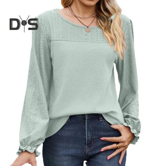 Women Tops Round Neck Puff Long Sleeve Solid Color Tee Shirt with Waffle Decoration Solid Color Loose Fit T-shirt