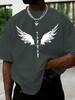Unisexs Black Summer Tee White Angel Wings Rune Print Loose Oversized Short Sleeve Streetwear Daily Crew Neck Casual Fashion Top
