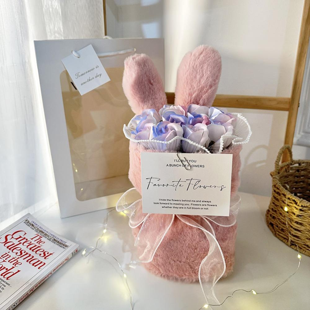 

Art Decoration Cute Rose Flower Bouquet Artificial Rabbit Ears Soap Flower Gift Vibrant Color Fake Flower Home Decoration