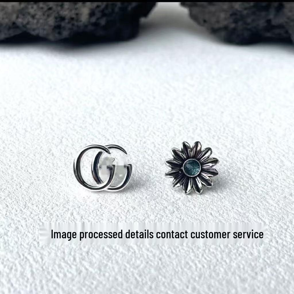925 Silber Asymmetrische Blaue Gänseblümchen Doppel G Vintage Ohrstecker für Damen