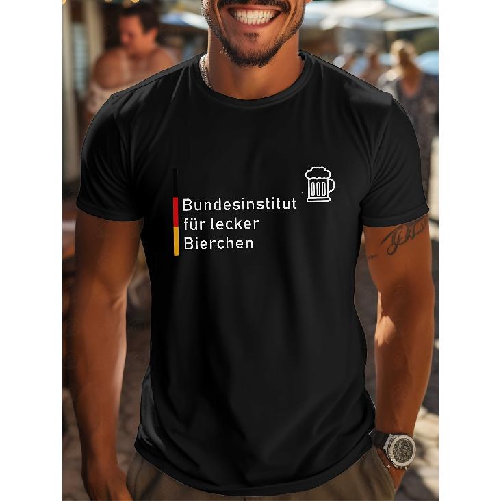 Men's Black Short Sleeve T-shirt with German Beer Graphic, Crew Neck, Relaxed Fit, Soft Cotton Blend, Casual Streetwear for Festivals or Weekend