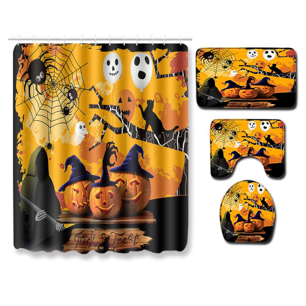Halloween Shower Curtain Floor Mat Combination Four-Piece Set Bathroom Toilet Carpet Shower Room Foot Door Mat