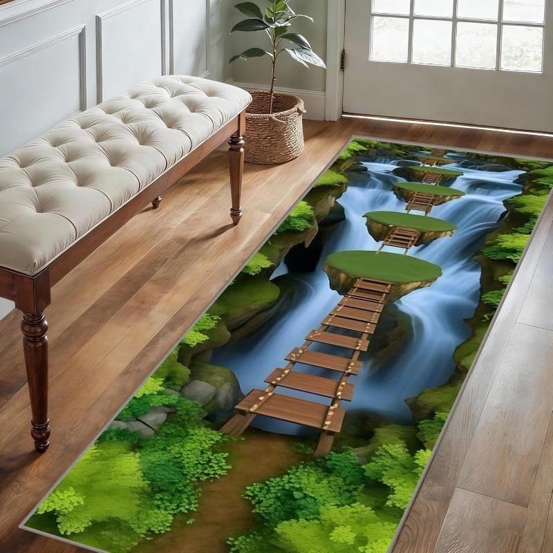 2D Forest Path Runner Rug Sunlit Woodland Floral Path Print Non-Slip Hallway Rug Nature Serene Botanical Garden Themed Floor Mat