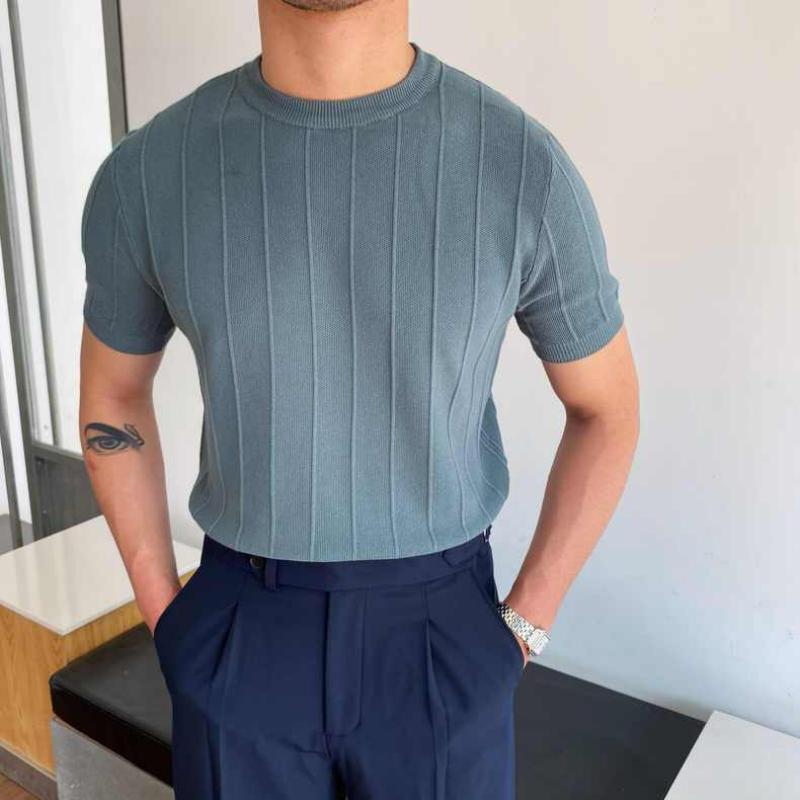 Korean Business Casual Summer New Round Neck Knit T-shirt Youth Men's Solid Jacquard Stripe Screw Thread Short Sleeve Thin Top