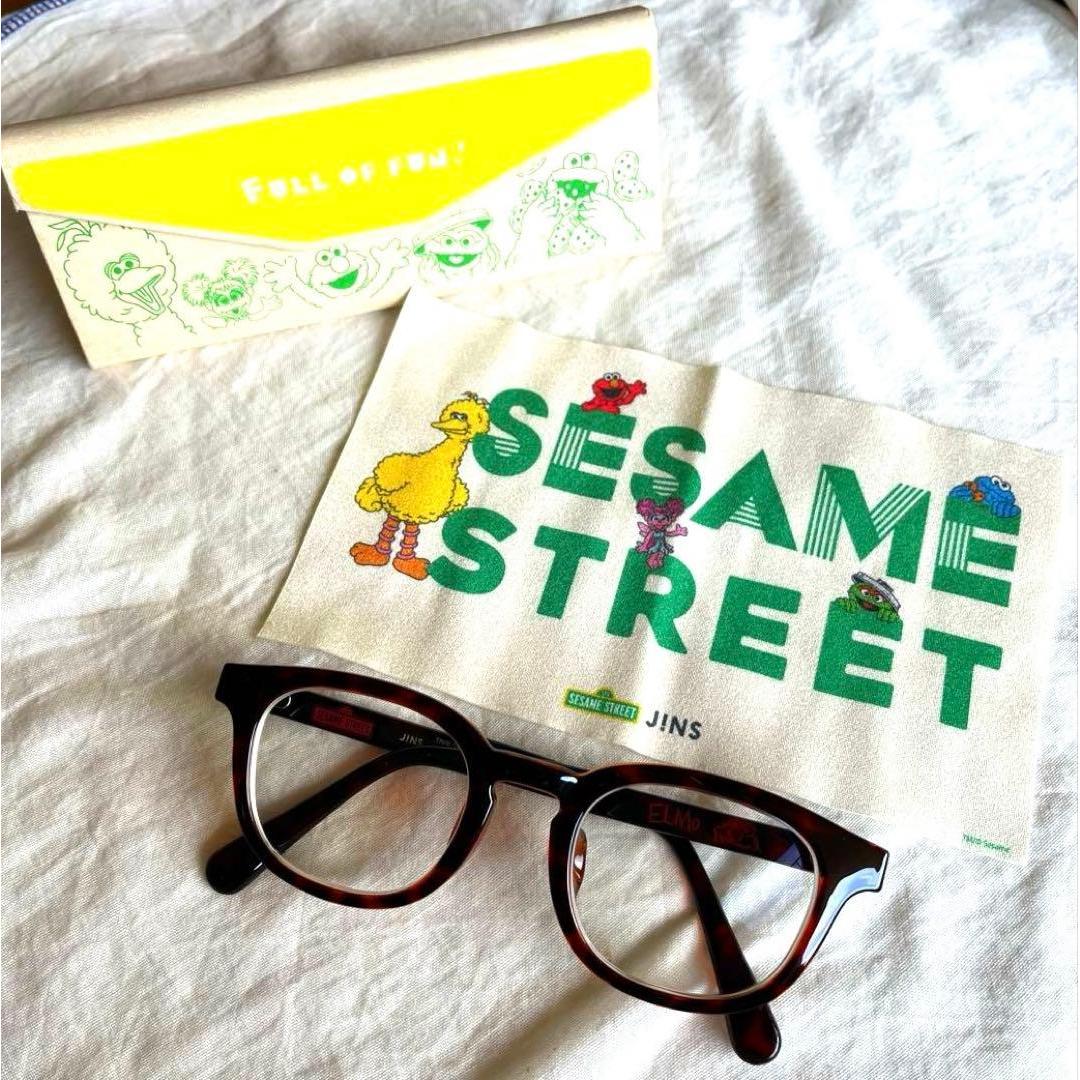 Used Sesame Street Glasses JINS Brown Elmo Glasses Cleaner Special Case Included