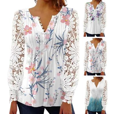 Bayanlar Yaz Gömlek V Yaka Çiçek Baskı Düğme Dantel Dikiş Uzun Kollu Günlük Giyim See-through Oymak İlkbahar Yaz T-shirt Kadın Giyim