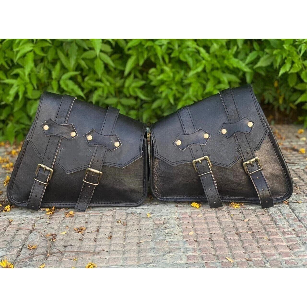 

Side Pouch Motorcycle Saddle Panniers Saddlebags 2 Bags Handmade Black Leather 11 x 9 x 3 in