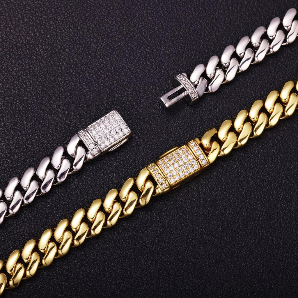 8mm Brass Zircon Real Gold-Plated Hip-Hop Smooth Cuban Chain Trendy Personalized Unisex Bracelet Jewelry Cross-Border Europe