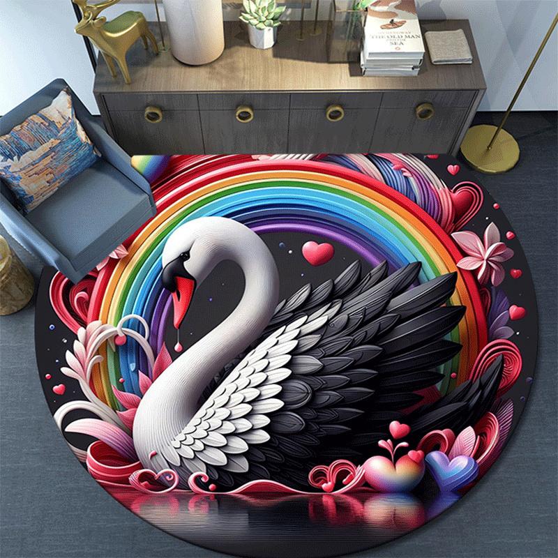 1pc Soft, Absorbent & Non Slip Rainbow and White Swan Round Rug Soft Circle Rug for Living Room & Bedroom Decor, Chair Mats, and Unforgettab