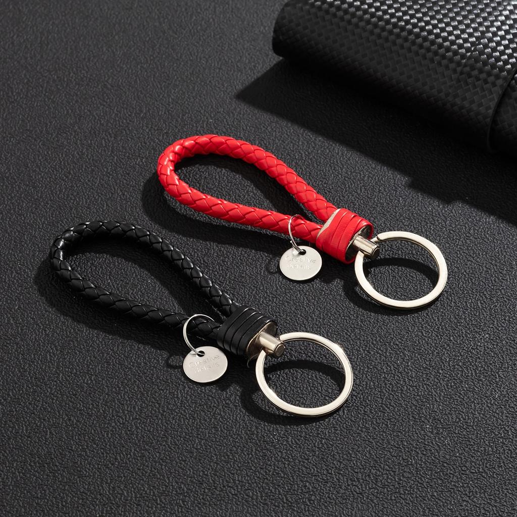 2Pcs/Set Pu Leather Braided Woven Rope Keychain Diy Bag Pendant Key Chain Holder Key Car Trinket Keyring Men Women Gift Jewelry