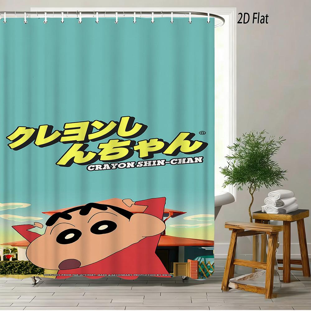 Crayon Shin-Chan & Friends & Shiro & Strange Creature On Green Grass Scene 2D Print Waterproof Shower Curtain, Bright Green Bath
